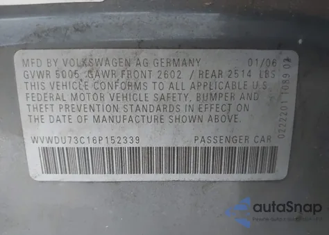 2006 Volkswagen Passat 3.6 from USA, damaged, VIN WVWDU73C16P152339